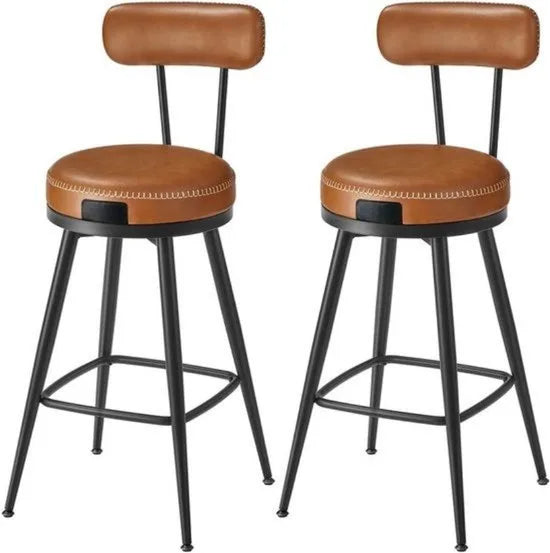 Barkruk set van 2 - barstoel draaibare met rugleuning, Barkruk draaibare kunstleer, met naden, Mid-Century-moderne stijl, 76 cm hoog, keuken, huisbar, karamelbruin