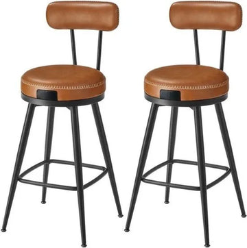 Barkruk set van 2 - barstoel draaibare met rugleuning, Barkruk draaibare kunstleer, met naden, Mid-Century-moderne stijl, 76 cm hoog, keuken, huisbar, karamelbruin