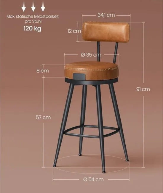 Barkruk set van 2 - barstoel draaibare met rugleuning, Barkruk draaibare kunstleer, met naden, Mid-Century-moderne stijl, 76 cm hoog, keuken, huisbar, karamelbruin