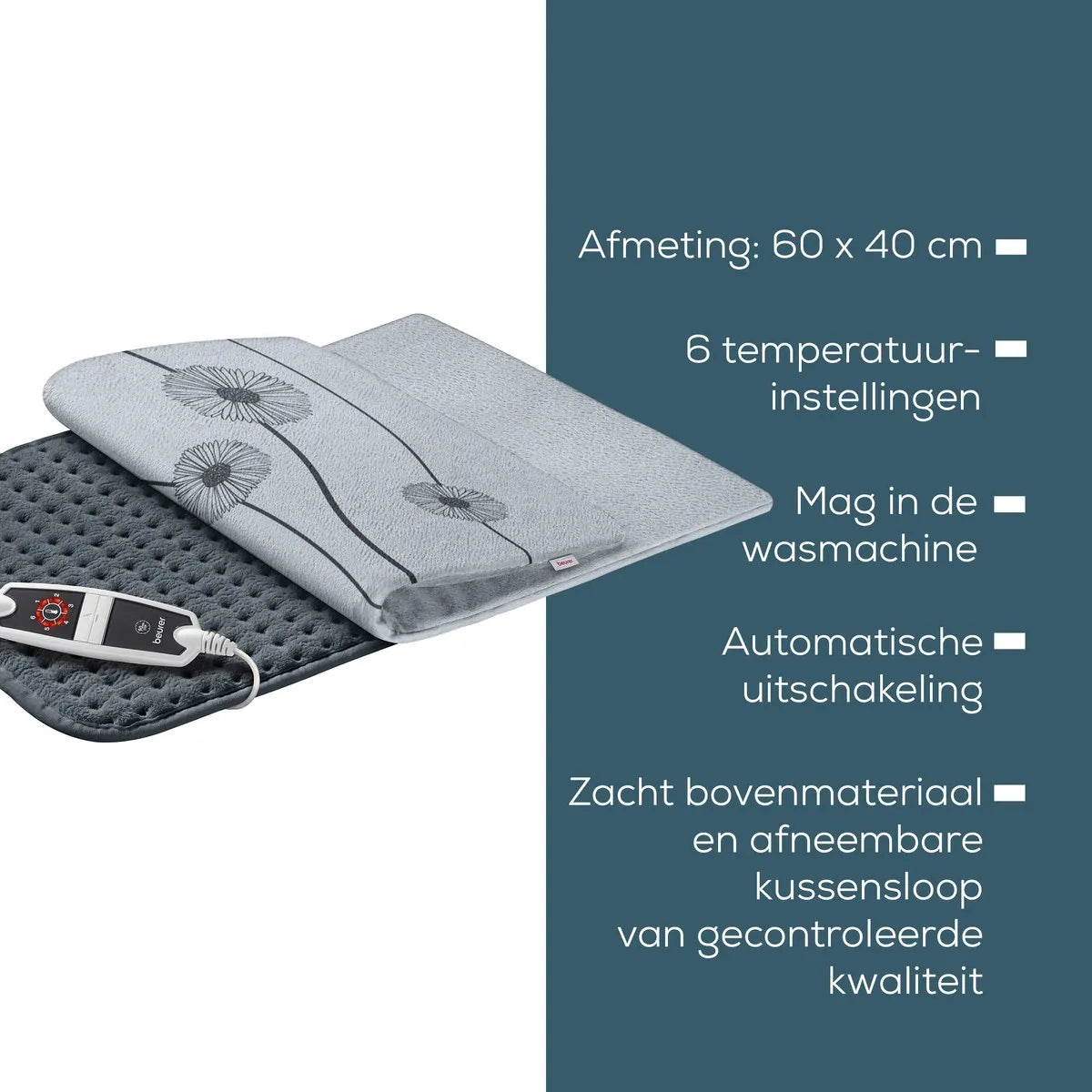 Beurer HK 125 XXL Cosy Grey Warmtekussen – Elektrisch Warmtekussen voor Rug, Nek, Schouder en Buik – Groot Formaat 60×40 cm – Superzachte Fleece – Snelle Opwarming – 6 Warmtestanden – Machinewasbaar – 3 Jaar Garantie