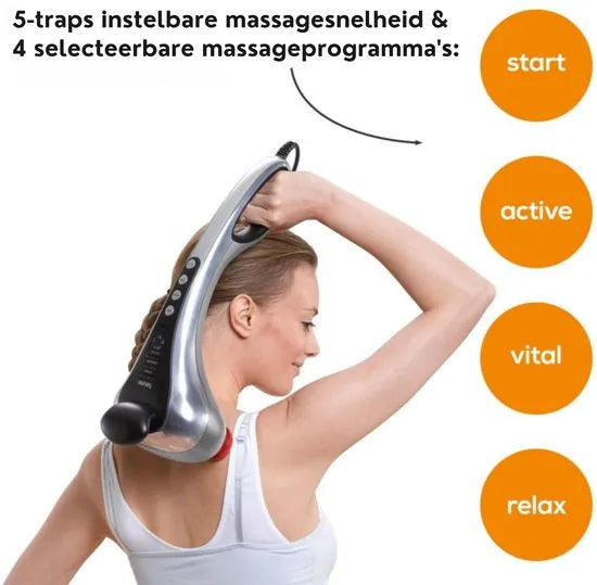Beurer MG 100 Infrarood massageapparaat – Klopmassage – Dubbele kop – Verlicht display - Optie infrarood verwarming – 2 Opzetstukken – 3 Programma’s – Antislip handgrepen – 5 Snelheden – 3 Jaar garantie