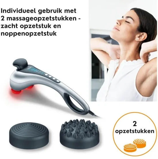 Beurer MG 100 Infrarood massageapparaat – Klopmassage – Dubbele kop – Verlicht display - Optie infrarood verwarming – 2 Opzetstukken – 3 Programma’s – Antislip handgrepen – 5 Snelheden – 3 Jaar garantie