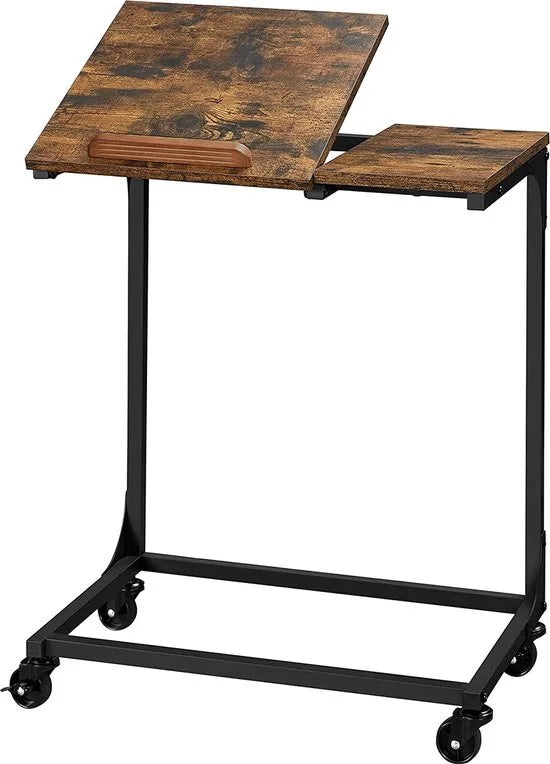 Bijzettafel, laptoptafel met gedeeltelijk verstelbaar blad, bureau, slaapkamer, woonkamer, eenvoudige montage, stalen frame, vintage bruin-zwart LET352B01