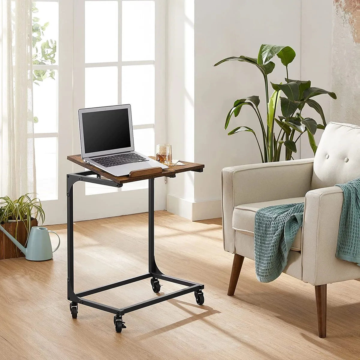 Bijzettafel, laptoptafel met gedeeltelijk verstelbaar blad, bureau, slaapkamer, woonkamer, eenvoudige montage, stalen frame, vintage bruin-zwart LET352B01