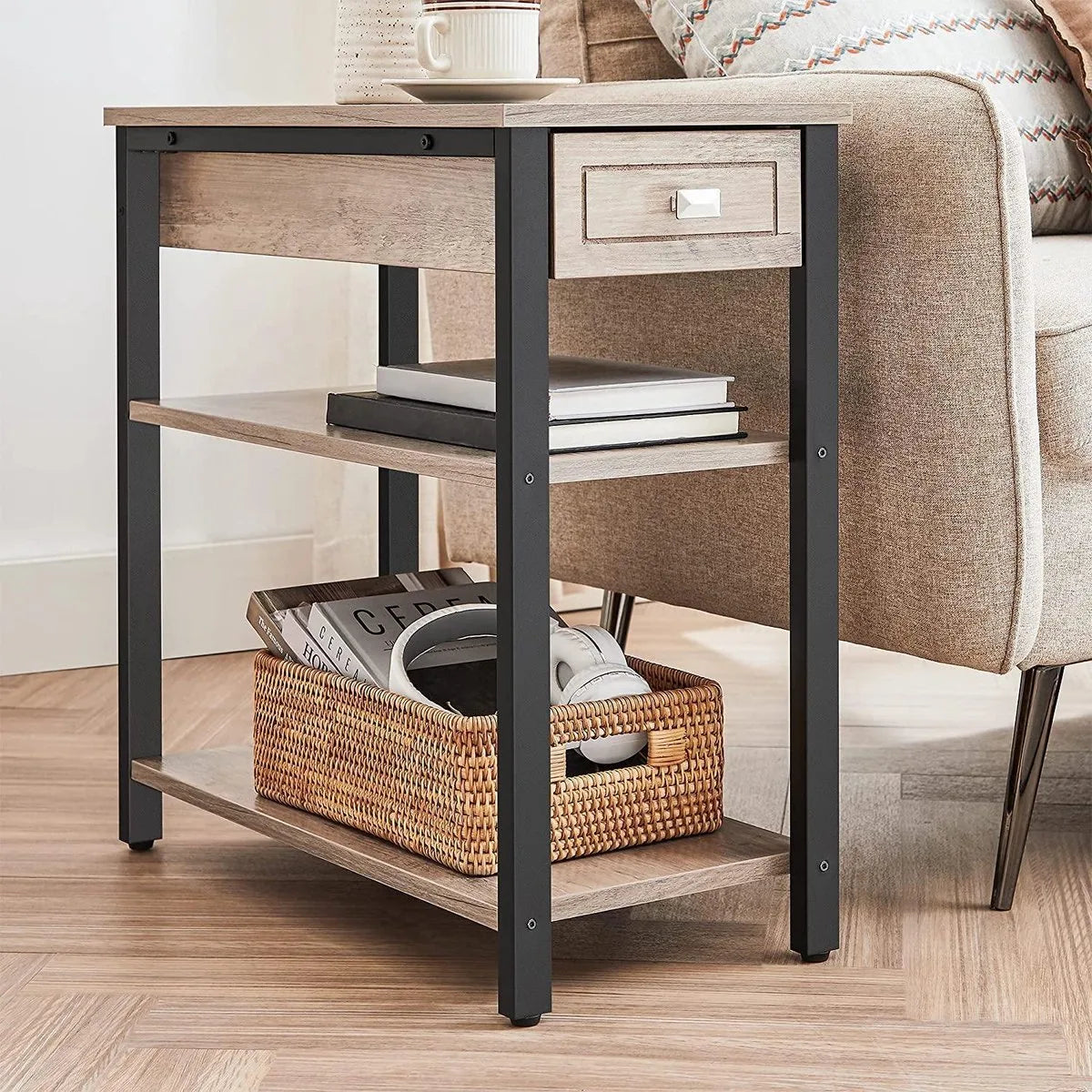 bijzettafel, nachtkastje, hoog, slank, met lade en 2 planken, industrieel design, grijs-zwart LET313B02