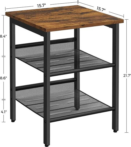 bijzettafel, nachtkastje met 2 verstelbare rasterplanken, salontafel in industriële uitvoering, voor woonkamer, slaapkamer, gang, kantoor, stal, eenvoudige montage, Vintage bruin-zwart LET23X