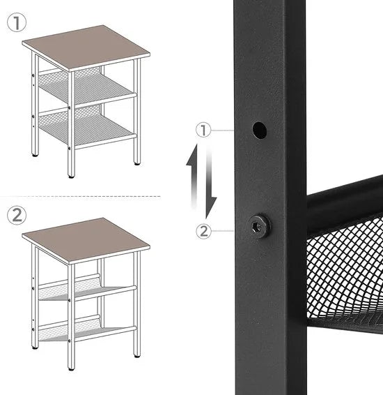 bijzettafel, nachtkastje met 2 verstelbare rasterplanken, salontafel in industriële uitvoering, voor woonkamer, slaapkamer, gang, kantoor, stal, eenvoudige montage, Vintage bruin-zwart LET23X