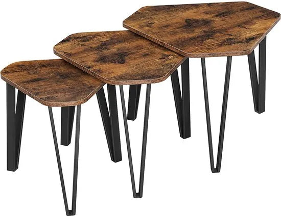 bijzettafelset, 3 st. nachtkastjes, salontafels, met metalen poten, eenvoudige constructie, industrieel ontwerp, vintage bruin-zwart LNT14BX