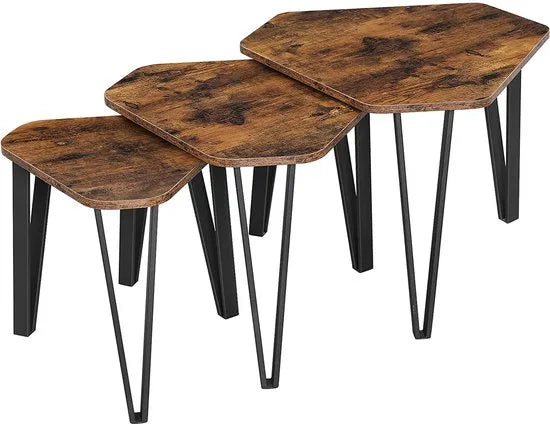 bijzettafelset, 3 st. nachtkastjes, salontafels, met metalen poten, eenvoudige constructie, industrieel ontwerp, vintage bruin-zwart LNT14BX – Vintage bruin-zwart