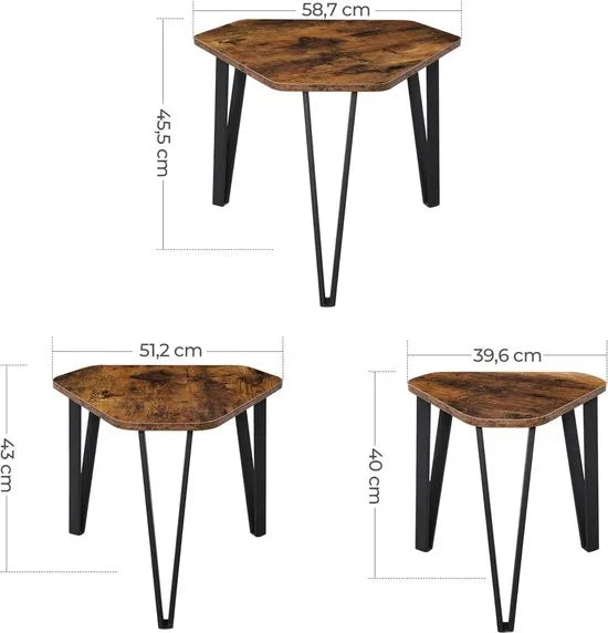 bijzettafelset, 3 st. nachtkastjes, salontafels, met metalen poten, eenvoudige constructie, industrieel ontwerp, vintage bruin-zwart LNT14BX