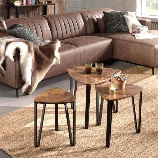 Bijzettafeltje Set van 3 geschikt voor Salon en Slaapkamer - Koffietafeltje Vintage Look - Maximaal 58,6 x 45cm - Zwart en Vintage Bruin