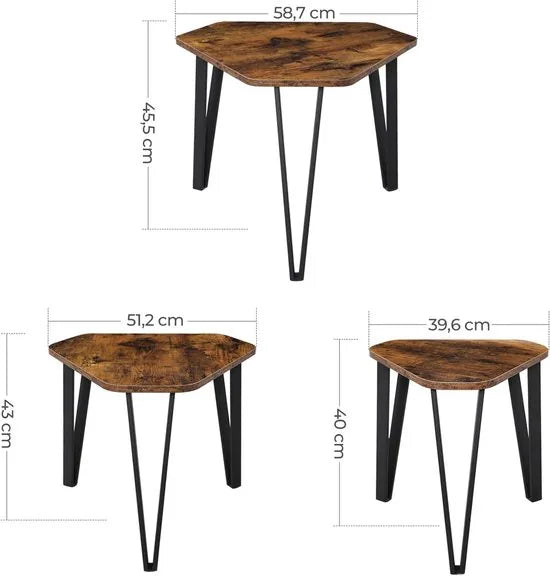 Bijzettafeltje Set van 3 geschikt voor Salon en Slaapkamer - Koffietafeltje Vintage Look - Maximaal 58,6 x 45cm - Zwart en Vintage Bruin