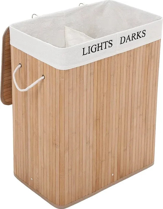 Bobbel Home - Wasmand - Bamboe -100 L wassorteerbak met 2 compartimenten, opvouwbare wasverzamelaar met uitneembare waszak- naturel