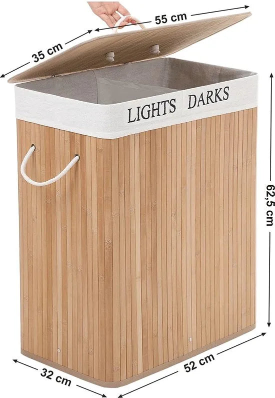 Bobbel Home - Wasmand - Bamboe -100 L wassorteerbak met 2 compartimenten, opvouwbare wasverzamelaar met uitneembare waszak- naturel