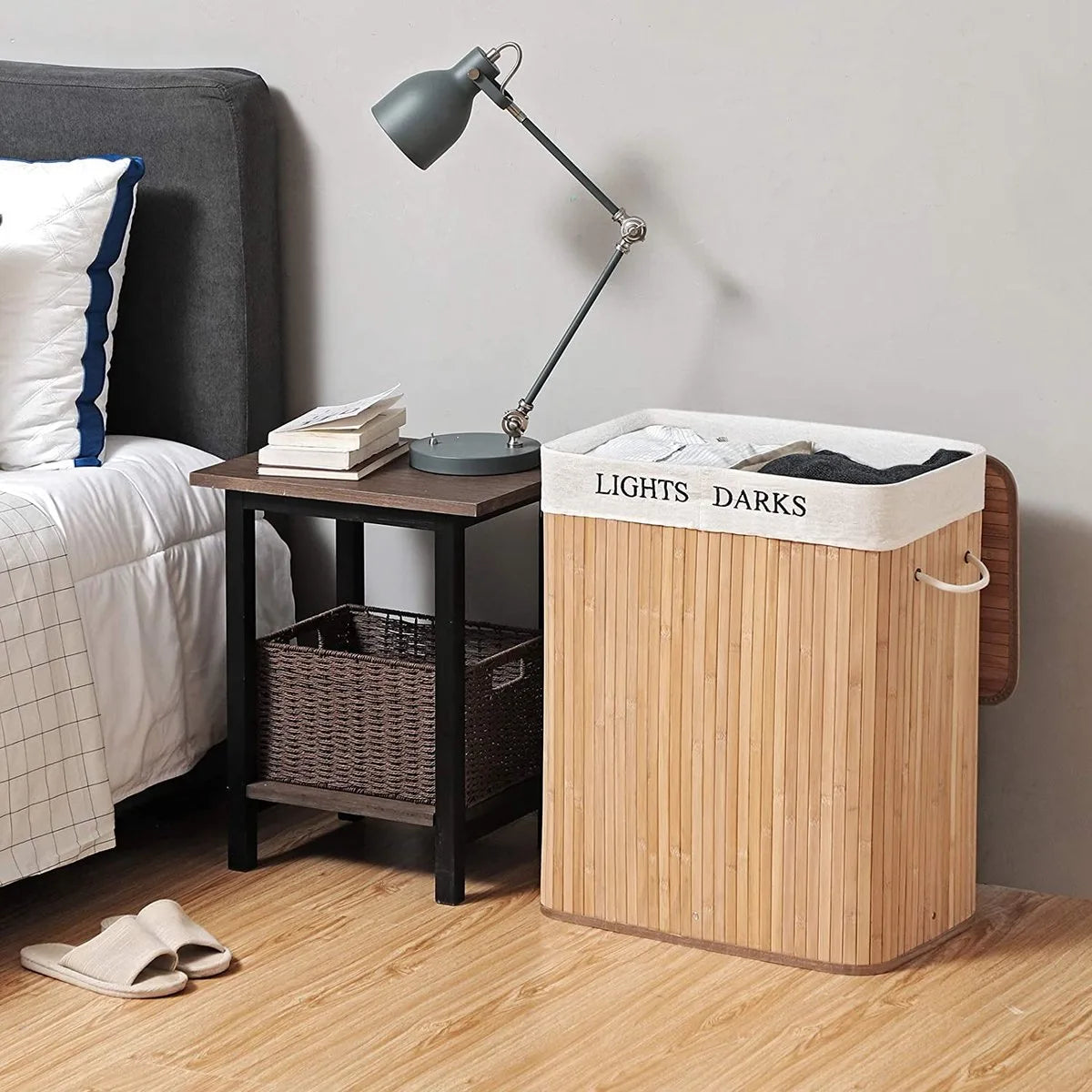 Bobbel Home - Wasmand - Bamboe -100 L wassorteerbak met 2 compartimenten, opvouwbare wasverzamelaar met uitneembare waszak- naturel