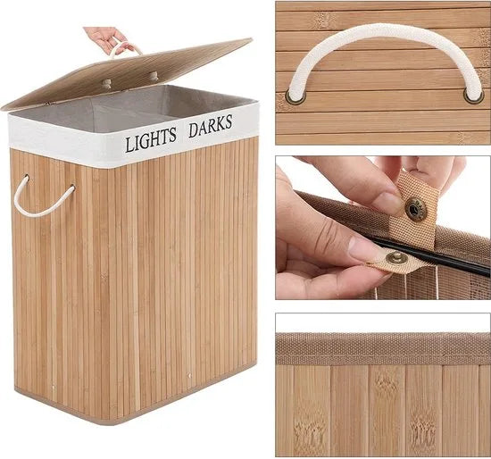 Bobbel Home - Wasmand - Bamboe -100 L wassorteerbak met 2 compartimenten, opvouwbare wasverzamelaar met uitneembare waszak- naturel