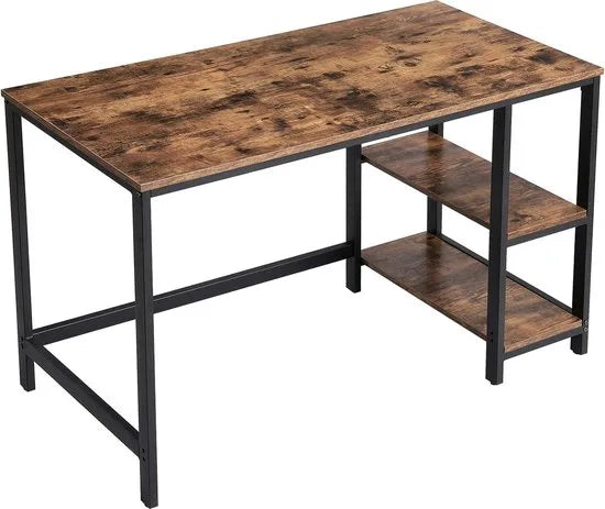 Bureau VIERI met 2 Legplanken - Kantoormeubel - Zwart Metalen Frame en Bruin Vintage Hout