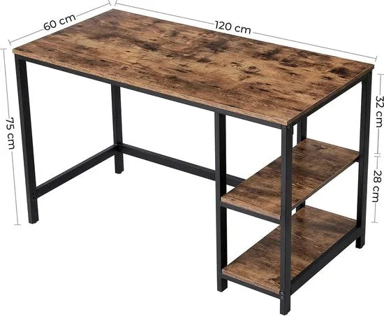 Bureau VIERI met 2 Legplanken - Kantoormeubel - Zwart Metalen Frame en Bruin Vintage Hout