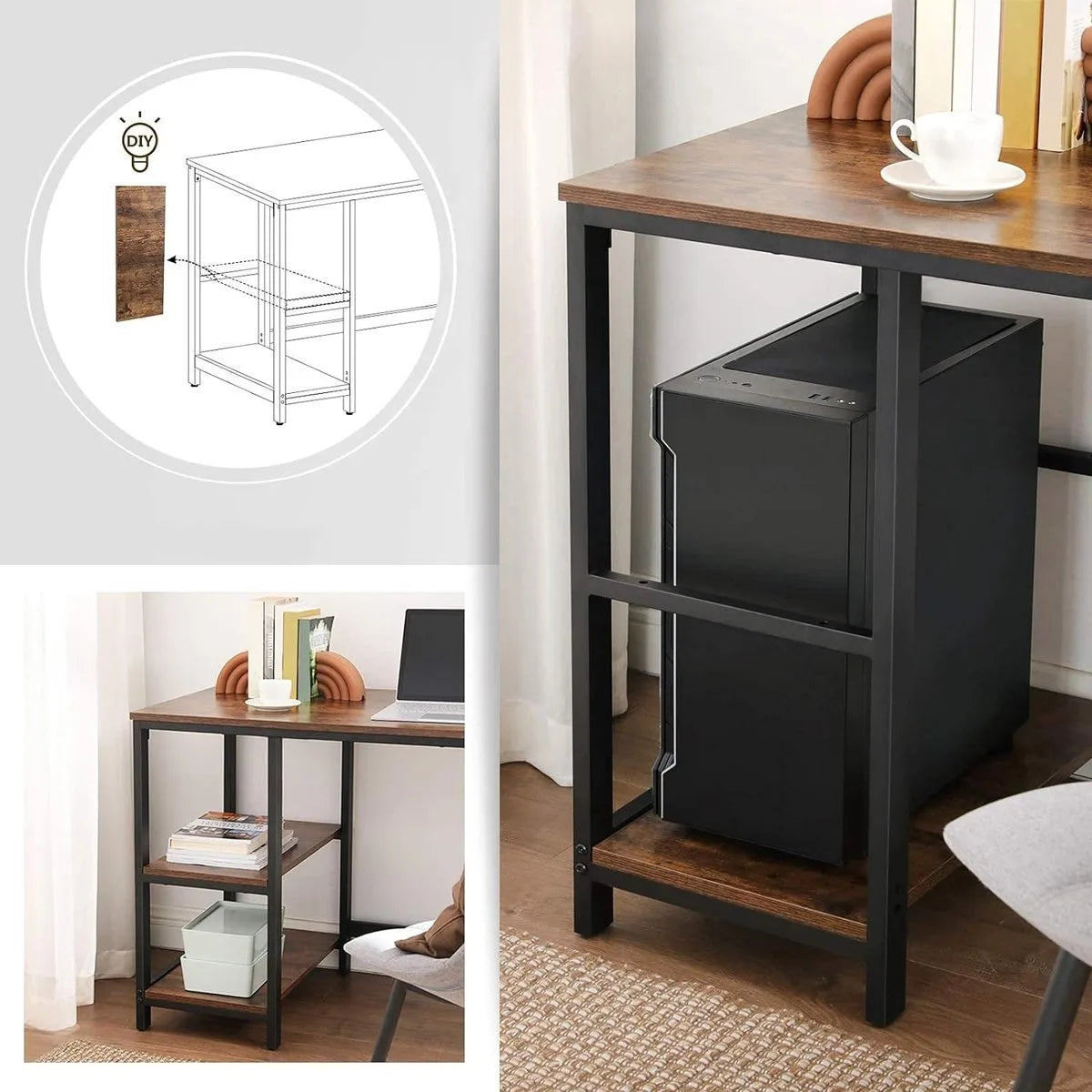 Bureau VIERI met 2 Legplanken - Kantoormeubel - Zwart Metalen Frame en Bruin Vintage Hout