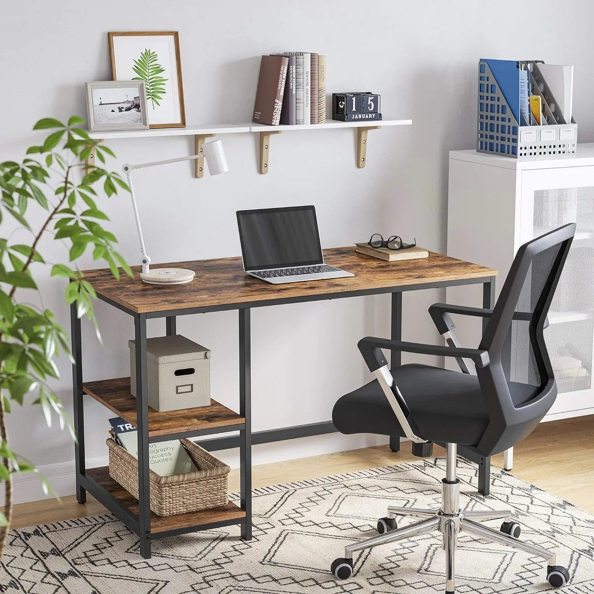 Bureau VIERI met 2 Legplanken - Kantoormeubel - Zwart Metalen Frame en Bruin Vintage Hout