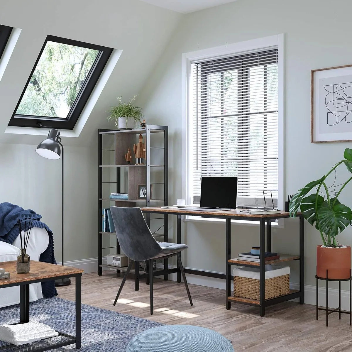 Bureau VIERI met 2 Legplanken - Kantoormeubel - Zwart Metalen Frame en Bruin Vintage Hout