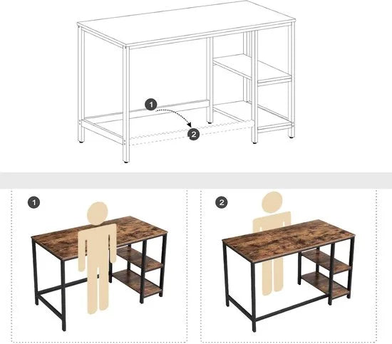 Bureau VIERI met 2 Legplanken - Kantoormeubel - Zwart Metalen Frame en Bruin Vintage Hout