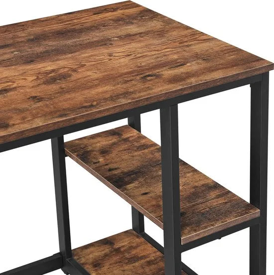 Bureau VIERI met 2 Legplanken - Kantoormeubel - Zwart Metalen Frame en Bruin Vintage Hout