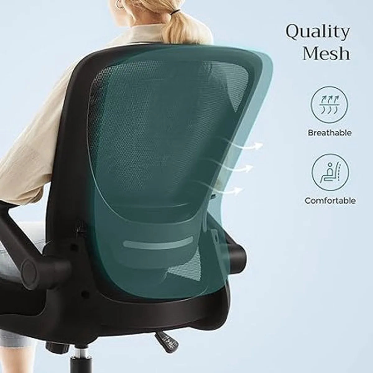 Bureaustoel office chair met opklapbare armleuningen, ergonomische computerstoel, 360°-draaistoel, verstelbare lendensteun, zwart OBN37BK