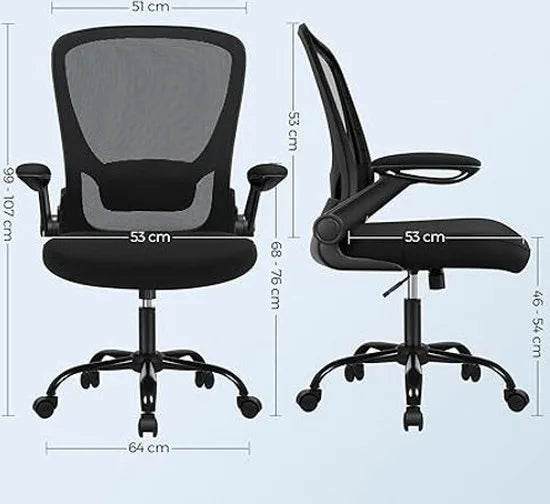 Bureaustoel office chair met opklapbare armleuningen, ergonomische computerstoel, 360°-draaistoel, verstelbare lendensteun, zwart OBN37BK