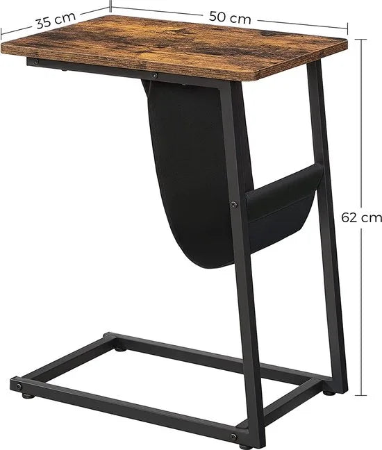 C-vormige salontafel, 50 x 35 x 62 cm, laptoptafel met stoffen tas, voor woonkamer, slaapkamer, industrieel ontwerp, vintage bruin-zwart LET351B01