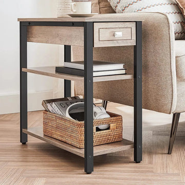 c90 -  bijzettafel, nachtkastje, hoog, slank, met lade en 2 legplanken, industrieel design, grijs-zwart LET313B02