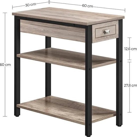 c90 -  bijzettafel, nachtkastje, hoog, slank, met lade en 2 legplanken, industrieel design, grijs-zwart LET313B02