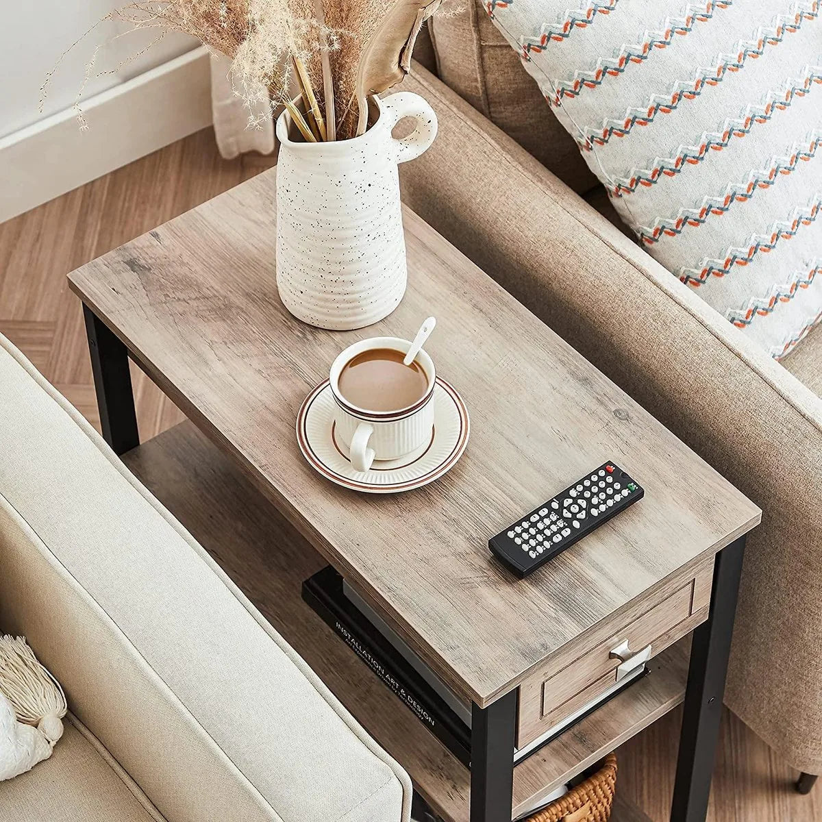 c90 -  bijzettafel, nachtkastje, hoog, slank, met lade en 2 legplanken, industrieel design, grijs-zwart LET313B02