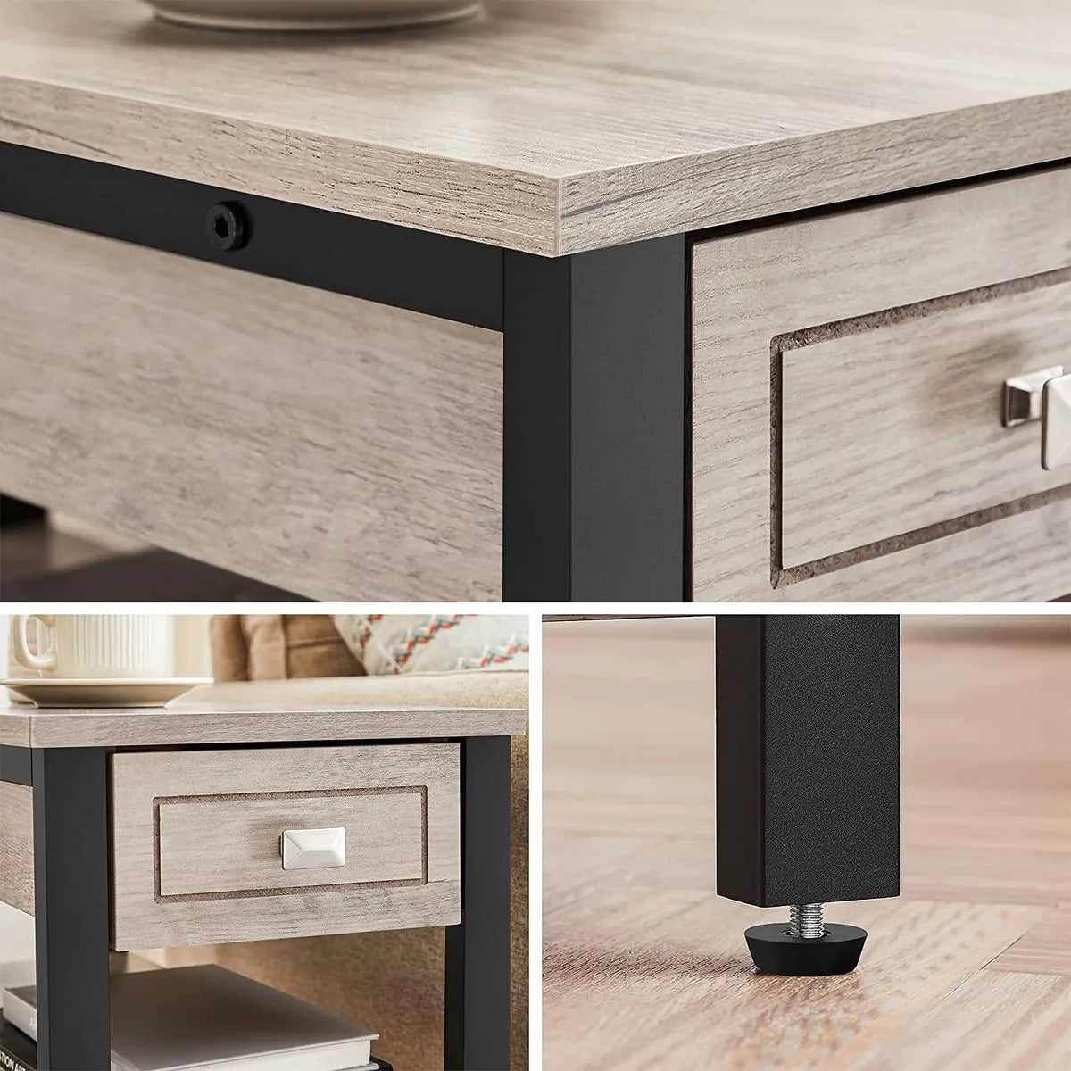 c90 -  bijzettafel, nachtkastje, hoog, slank, met lade en 2 legplanken, industrieel design, grijs-zwart LET313B02