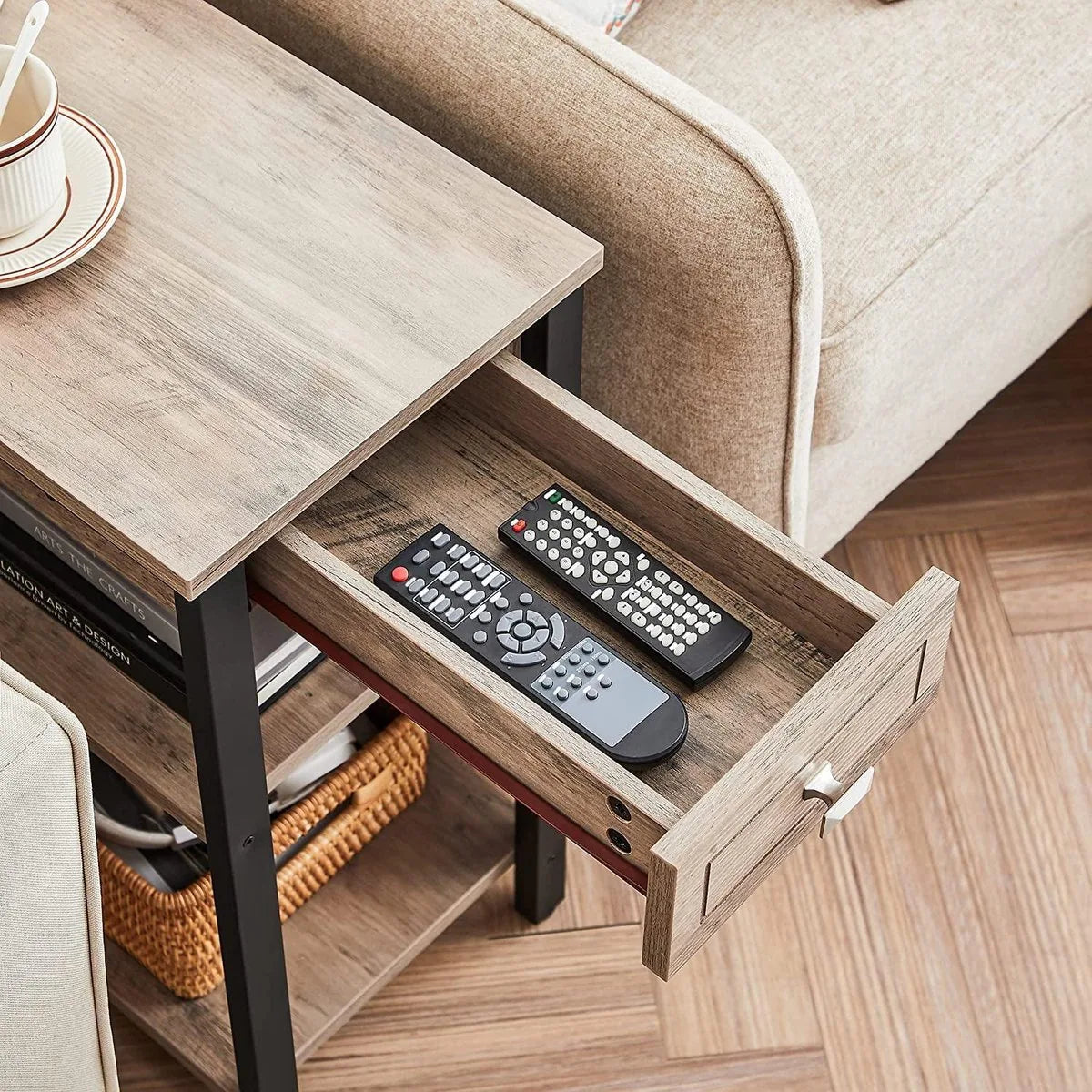 c90 -  bijzettafel, nachtkastje, hoog, slank, met lade en 2 legplanken, industrieel design, grijs-zwart LET313B02
