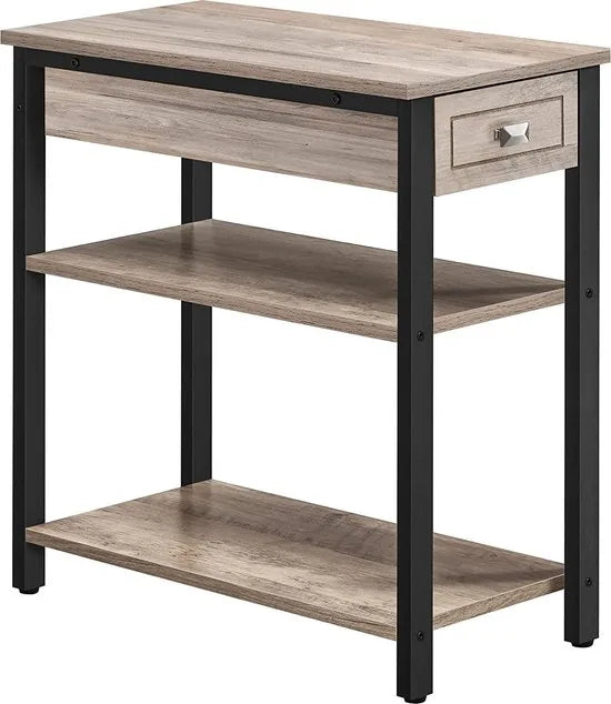 c90 -  bijzettafel, nachtkastje, hoog, slank, met lade en 2 legplanken, industrieel design, grijs-zwart LET313B02