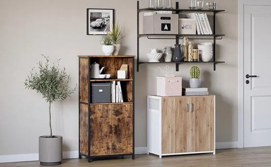 c90 - Boekenkast, Boekenkast, Kantoorplank, Keukenkast met 2 open vakken, Plankniveau verstelbaar in kast, multifunctioneel, Industrieel design, vintage bruin-zwart LSC66BX