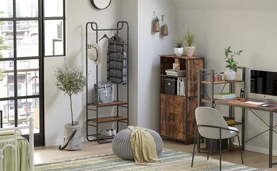 c90 - Boekenkast, Boekenkast, Kantoorplank, Keukenkast met 2 open vakken, Plankniveau verstelbaar in kast, multifunctioneel, Industrieel design, vintage bruin-zwart LSC66BX