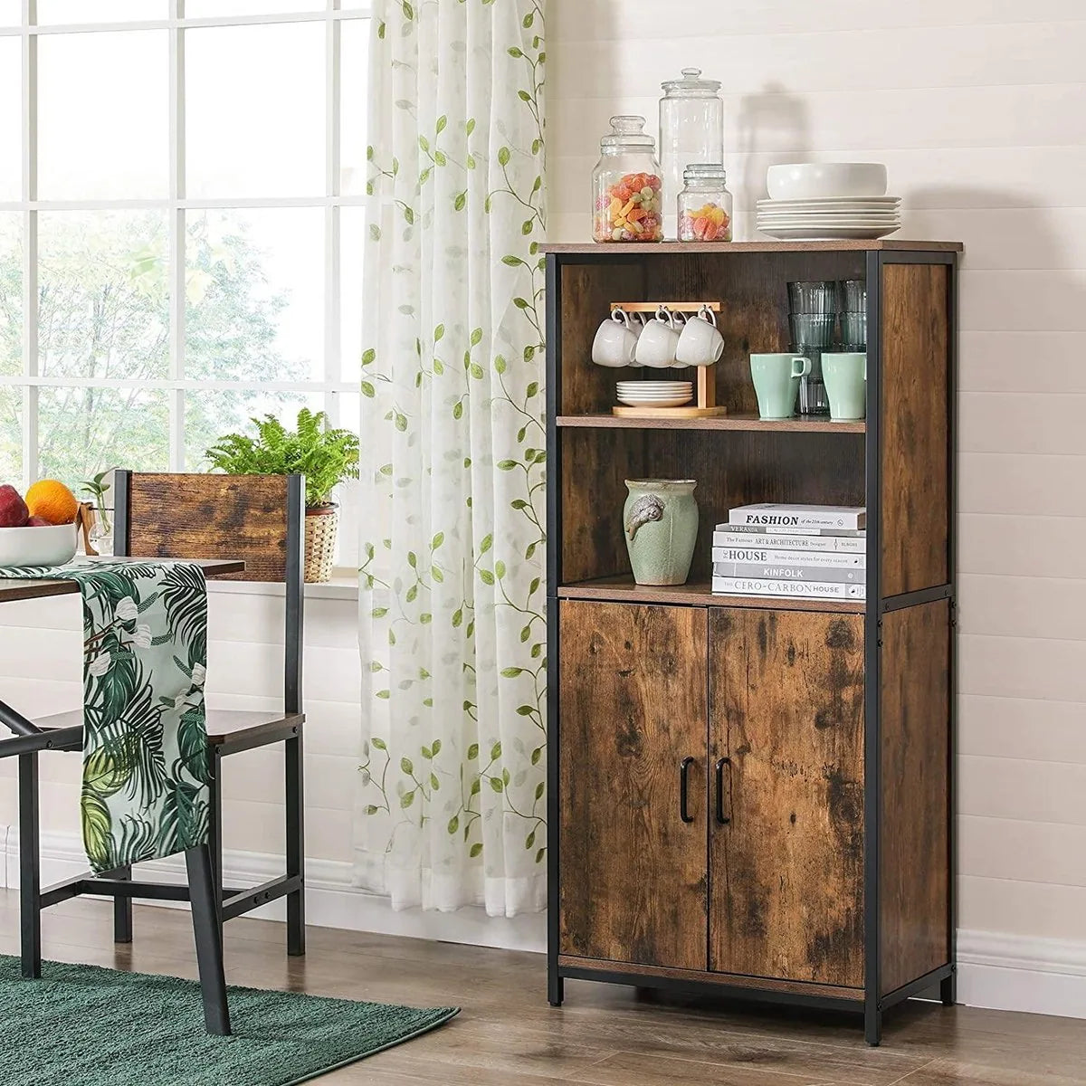 c90 - Boekenkast, Boekenkast, Kantoorplank, Keukenkast met 2 open vakken, Plankniveau verstelbaar in kast, multifunctioneel, Industrieel design, vintage bruin-zwart LSC66BX
