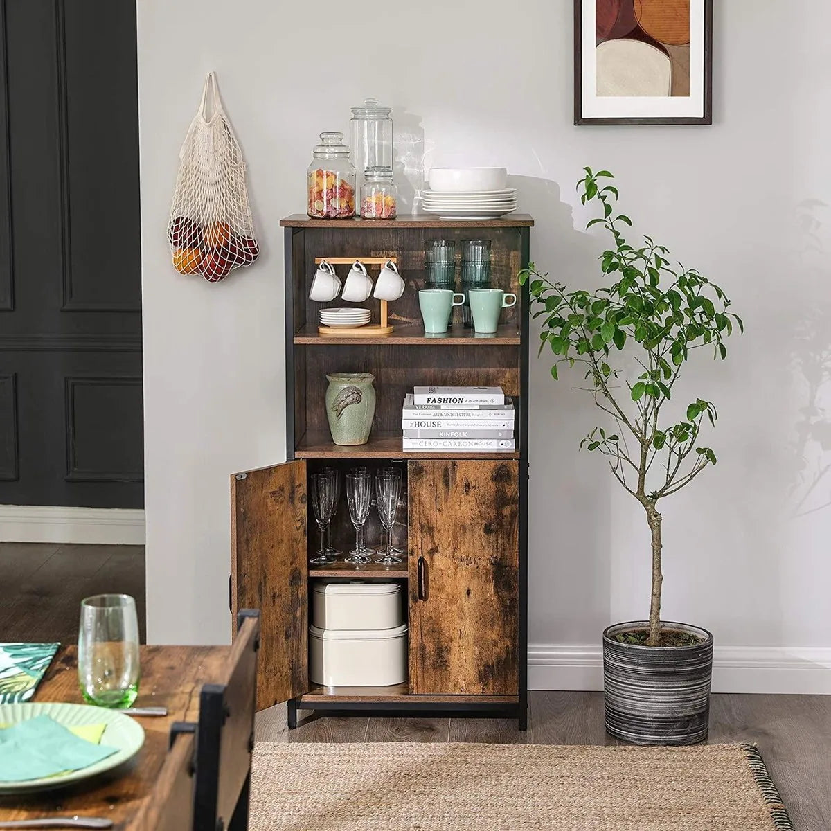 c90 - Boekenkast, Boekenkast, Kantoorplank, Keukenkast met 2 open vakken, Plankniveau verstelbaar in kast, multifunctioneel, Industrieel design, vintage bruin-zwart LSC66BX