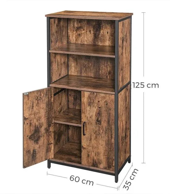 c90 - Boekenkast, Boekenkast, Kantoorplank, Keukenkast met 2 open vakken, Plankniveau verstelbaar in kast, multifunctioneel, Industrieel design, vintage bruin-zwart LSC66BX