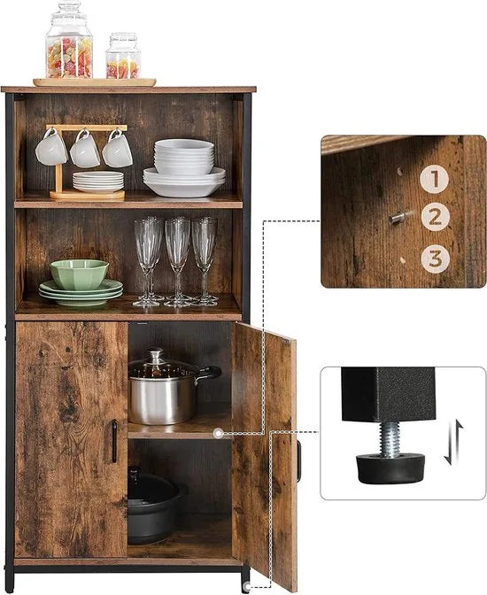 c90 - Boekenkast, Boekenkast, Kantoorplank, Keukenkast met 2 open vakken, Plankniveau verstelbaar in kast, multifunctioneel, Industrieel design, vintage bruin-zwart LSC66BX