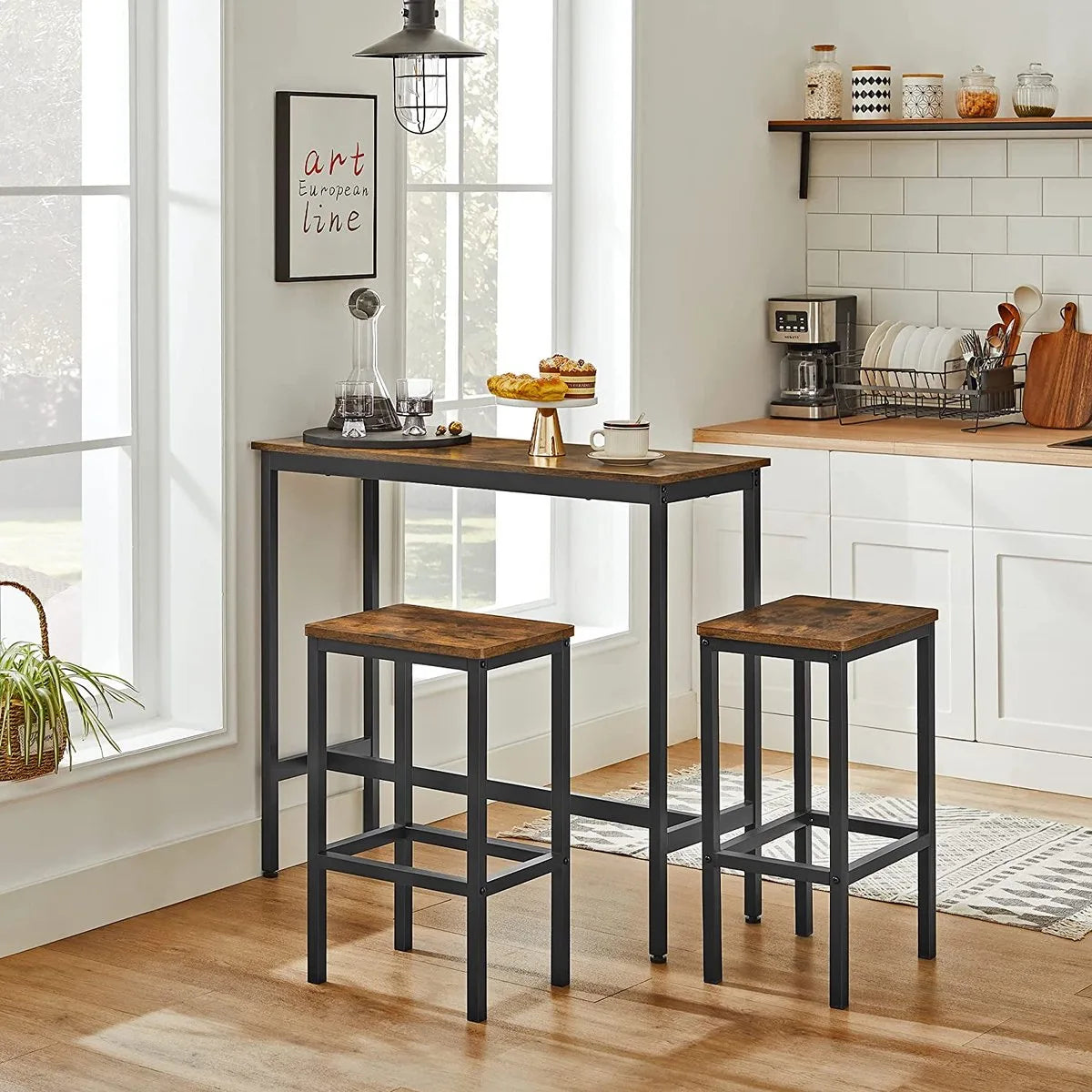 c90 - eetset, bartafelset, hoge tafel (100 x 40 x 90 cm) met 2 barkrukken (elk 30 x 40 x 65 cm), metalen frame, industrieel ontwerp, voor eetkamer, woonkamer, vintage bruin-zwart LBT218B01