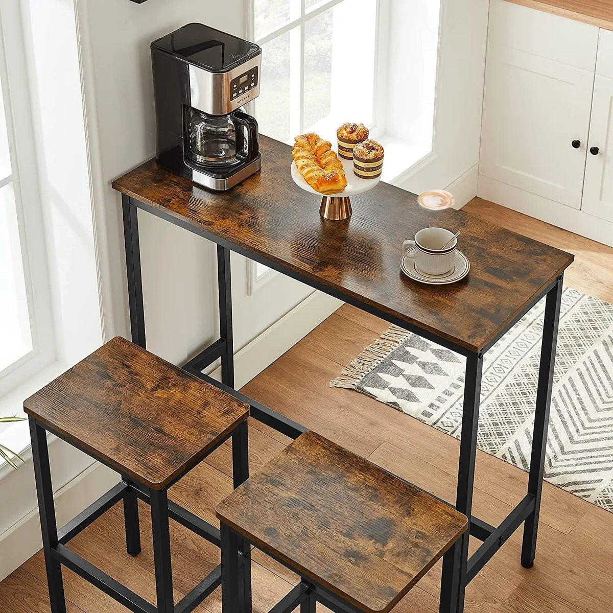 c90 - eetset, bartafelset, hoge tafel (100 x 40 x 90 cm) met 2 barkrukken (elk 30 x 40 x 65 cm), metalen frame, industrieel ontwerp, voor eetkamer, woonkamer, vintage bruin-zwart LBT218B01