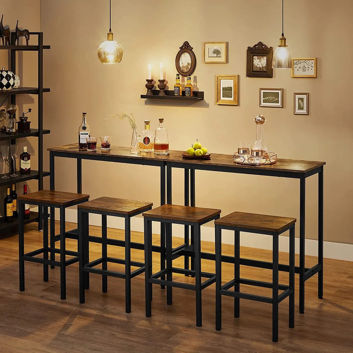 c90 - eetset, bartafelset, hoge tafel (100 x 40 x 90 cm) met 2 barkrukken (elk 30 x 40 x 65 cm), metalen frame, industrieel ontwerp, voor eetkamer, woonkamer, vintage bruin-zwart LBT218B01