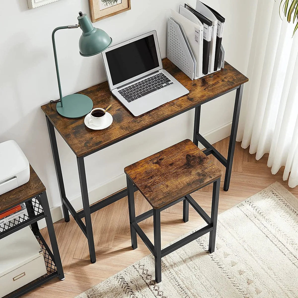 c90 - eetset, bartafelset, hoge tafel (100 x 40 x 90 cm) met 2 barkrukken (elk 30 x 40 x 65 cm), metalen frame, industrieel ontwerp, voor eetkamer, woonkamer, vintage bruin-zwart LBT218B01