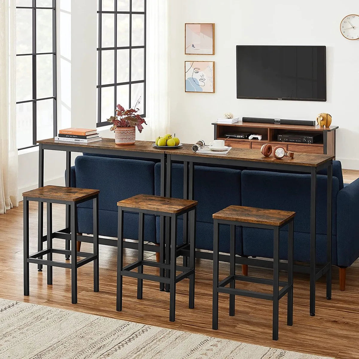 c90 - eetset, bartafelset, hoge tafel (100 x 40 x 90 cm) met 2 barkrukken (elk 30 x 40 x 65 cm), metalen frame, industrieel ontwerp, voor eetkamer, woonkamer, vintage bruin-zwart LBT218B01