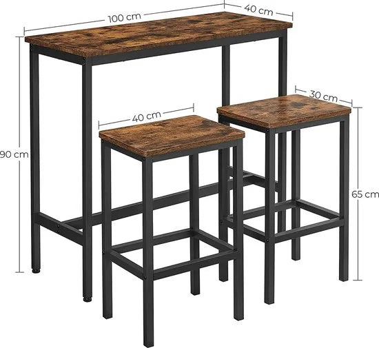 c90 - eetset, bartafelset, hoge tafel (100 x 40 x 90 cm) met 2 barkrukken (elk 30 x 40 x 65 cm), metalen frame, industrieel ontwerp, voor eetkamer, woonkamer, vintage bruin-zwart LBT218B01