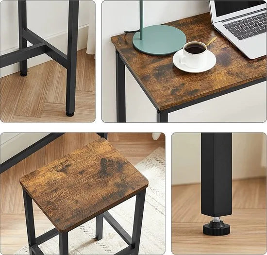 c90 - eetset, bartafelset, hoge tafel (100 x 40 x 90 cm) met 2 barkrukken (elk 30 x 40 x 65 cm), metalen frame, industrieel ontwerp, voor eetkamer, woonkamer, vintage bruin-zwart LBT218B01