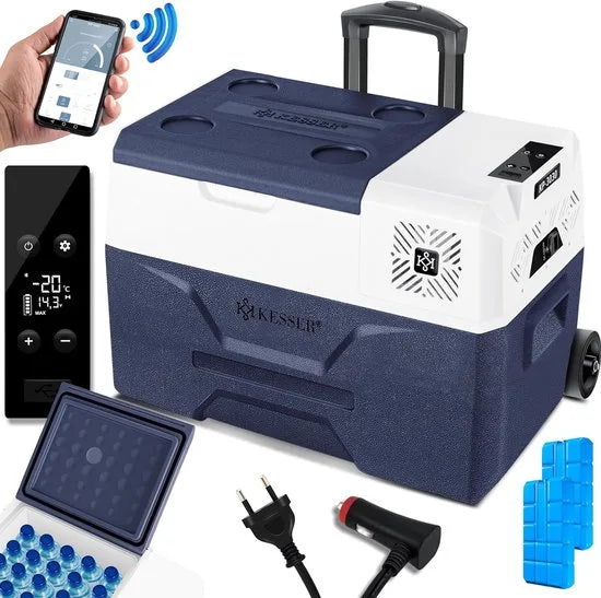 Compressorkoelbox - elektrische vriezer - 30 liter met APP-bediening USB 12/24V 230V en telescopische stangwielen - Frigobox tot -20°C - voor auto, vrachtwagen, boot, caravan en camping - grijs